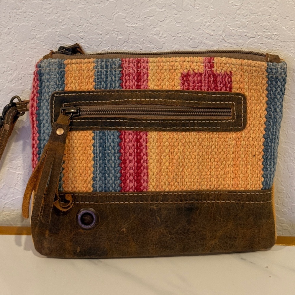 Myra Bag Colorful Woven Clutch with Leather Trim